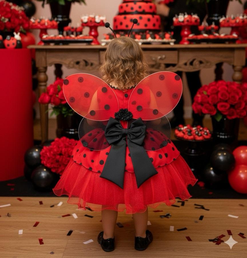 Vestido Luxuoso Joaninha com Asa e Tiara em Tecido Misto