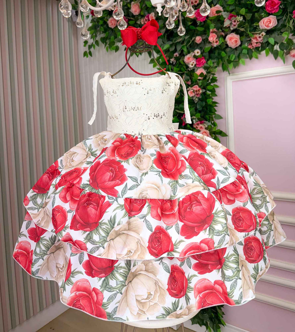 Vestido Floral Vermelho com Renda e Babados para Festas Infantis