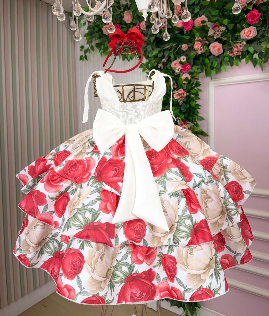 Vestido Floral Vermelho com Renda e Babados para Festas Infantis