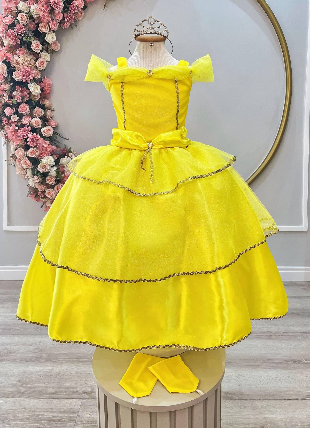 Fantasia Infantil Princesa em Cetim com Luvas e Detalhes em Glitter