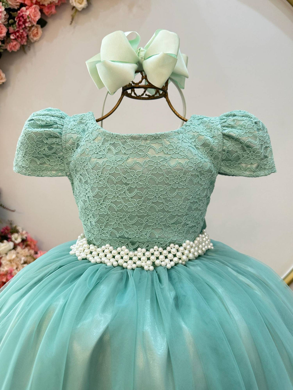 Vestido Longo Infantil Verde Menta em Tule e Renda para Casamento
