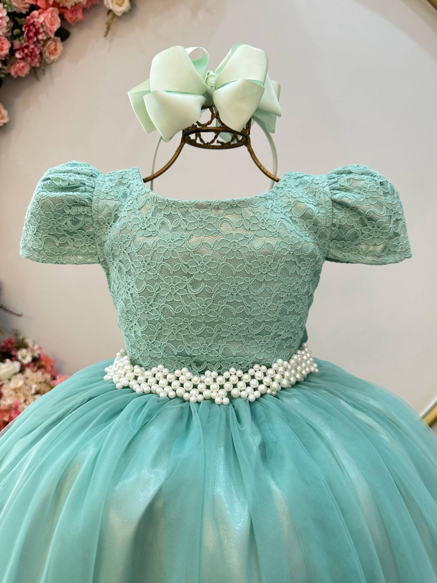 Vestido Longo Infantil Verde Menta em Tule e Renda para Casamento