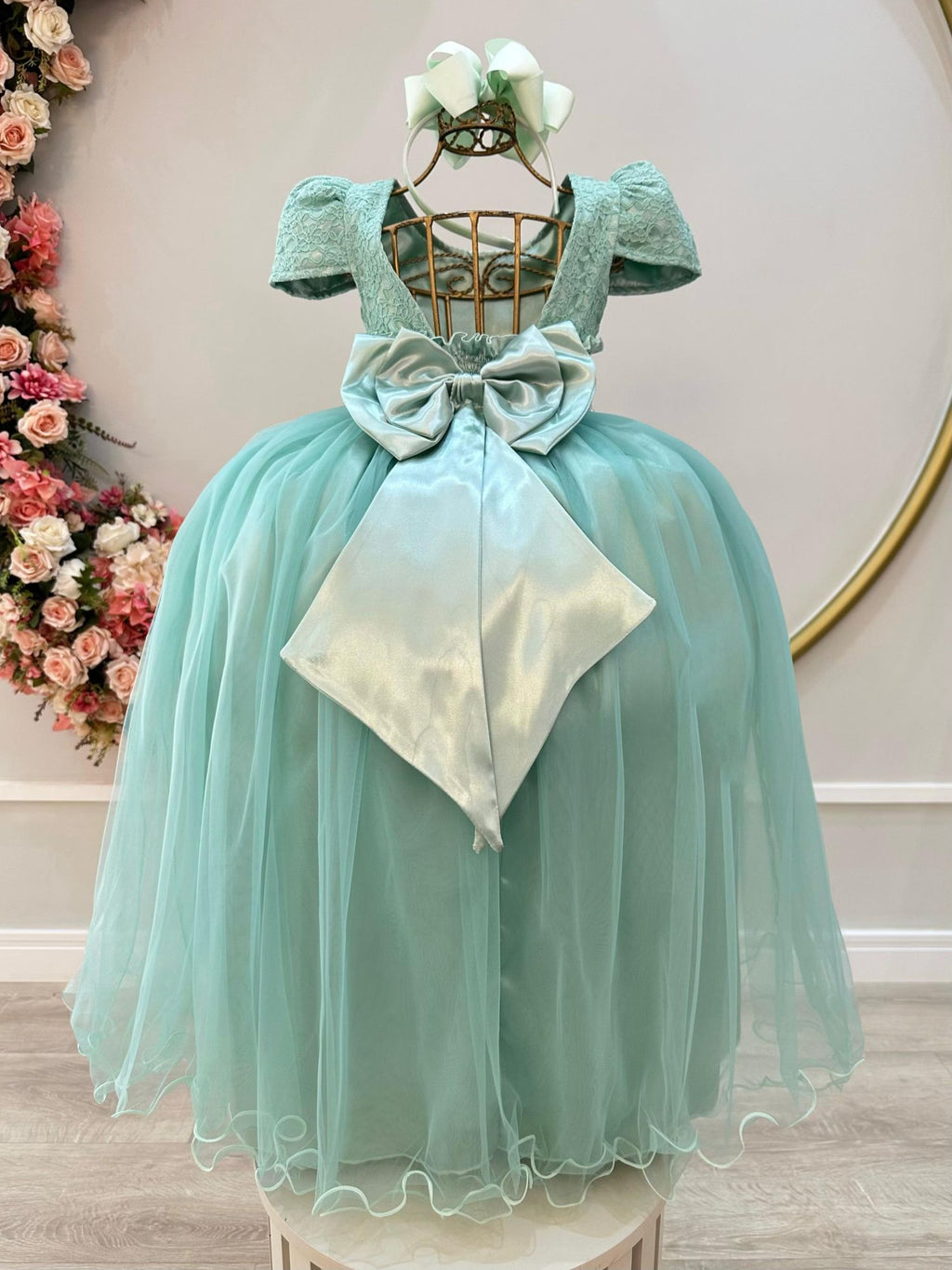 Vestido Longo Infantil Verde Menta em Tule e Renda para Casamento