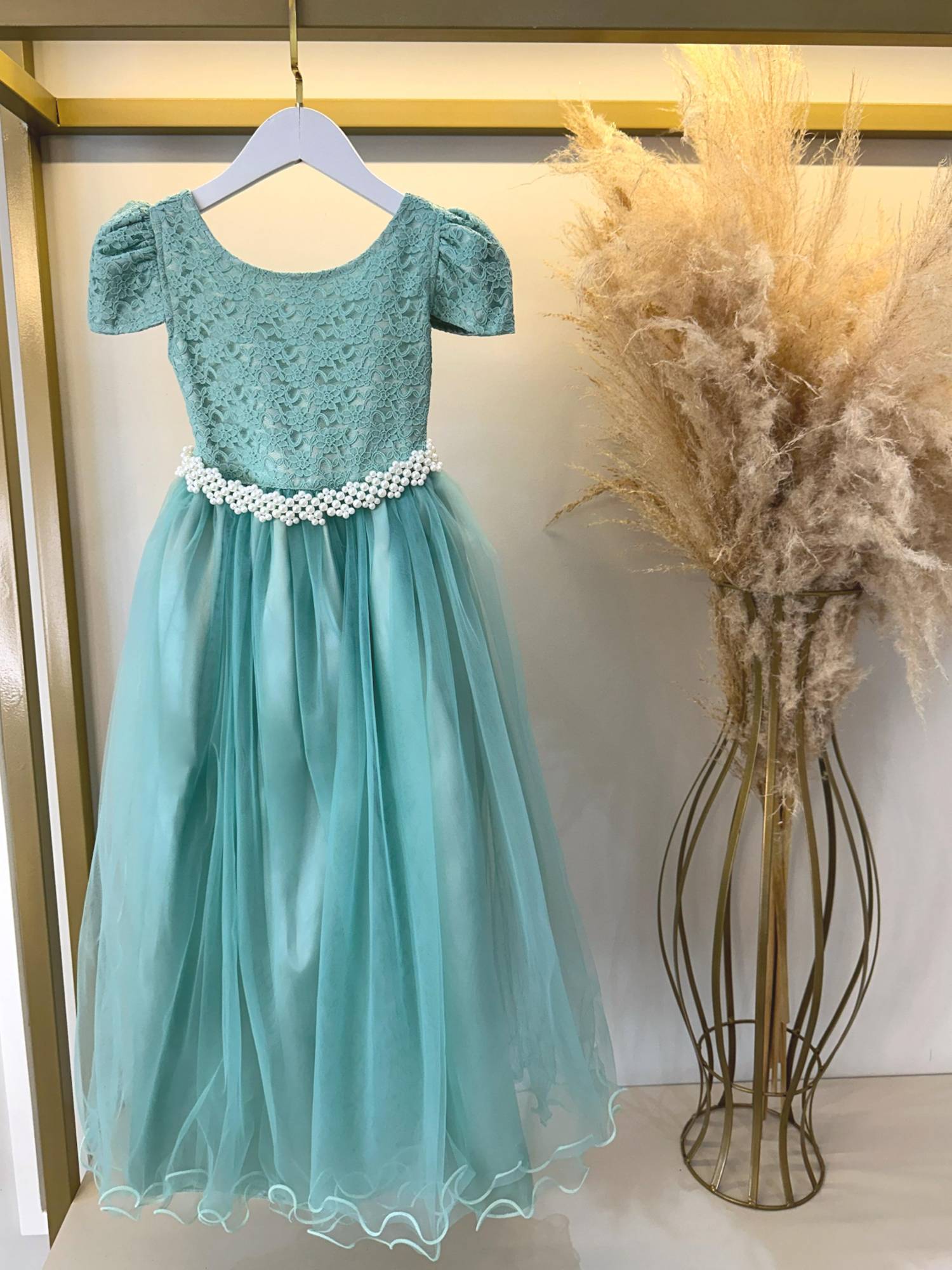 Vestido Longo Infantil Verde Menta em Tule e Renda para Casamento
