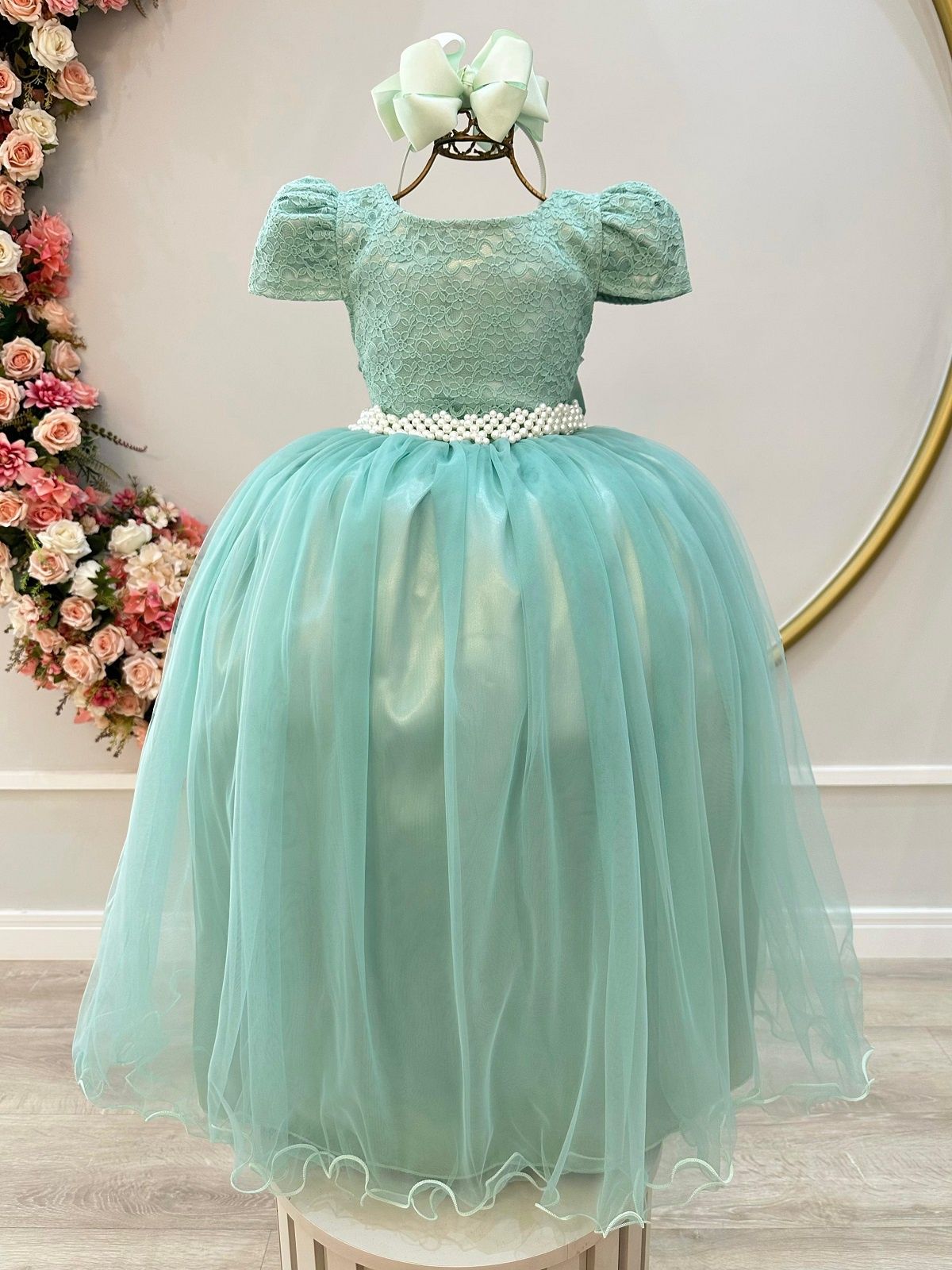 Vestido Longo Infantil Verde Menta em Tule e Renda para Casamento
