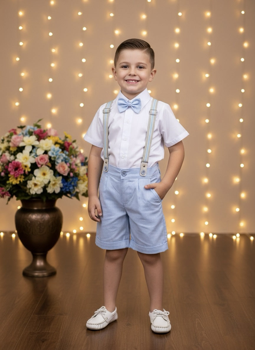 Conjunto Social Pajem Camisa Branca Bermuda e Suspensório Azul Claro