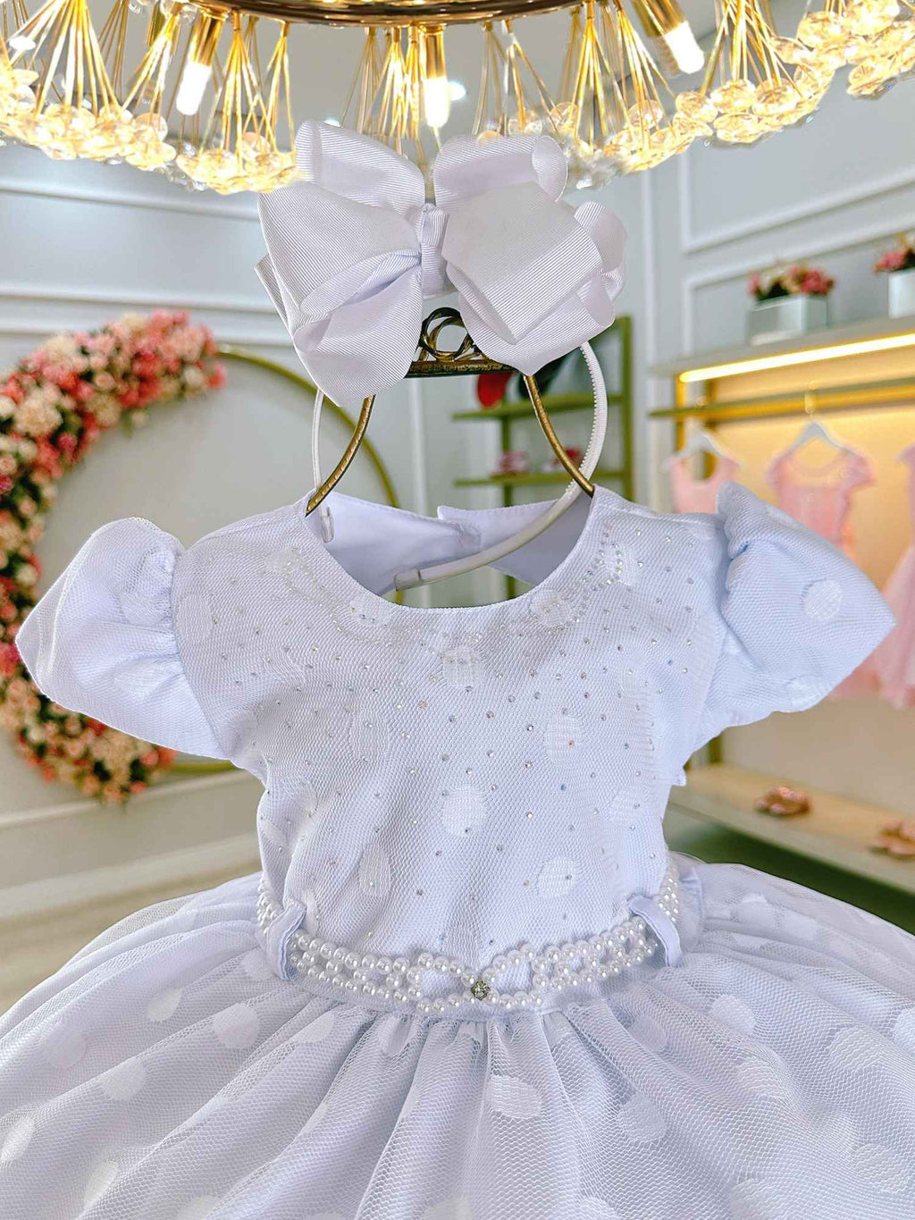 Vestido Infantil Branco Com Strass e Pérolas para Festas