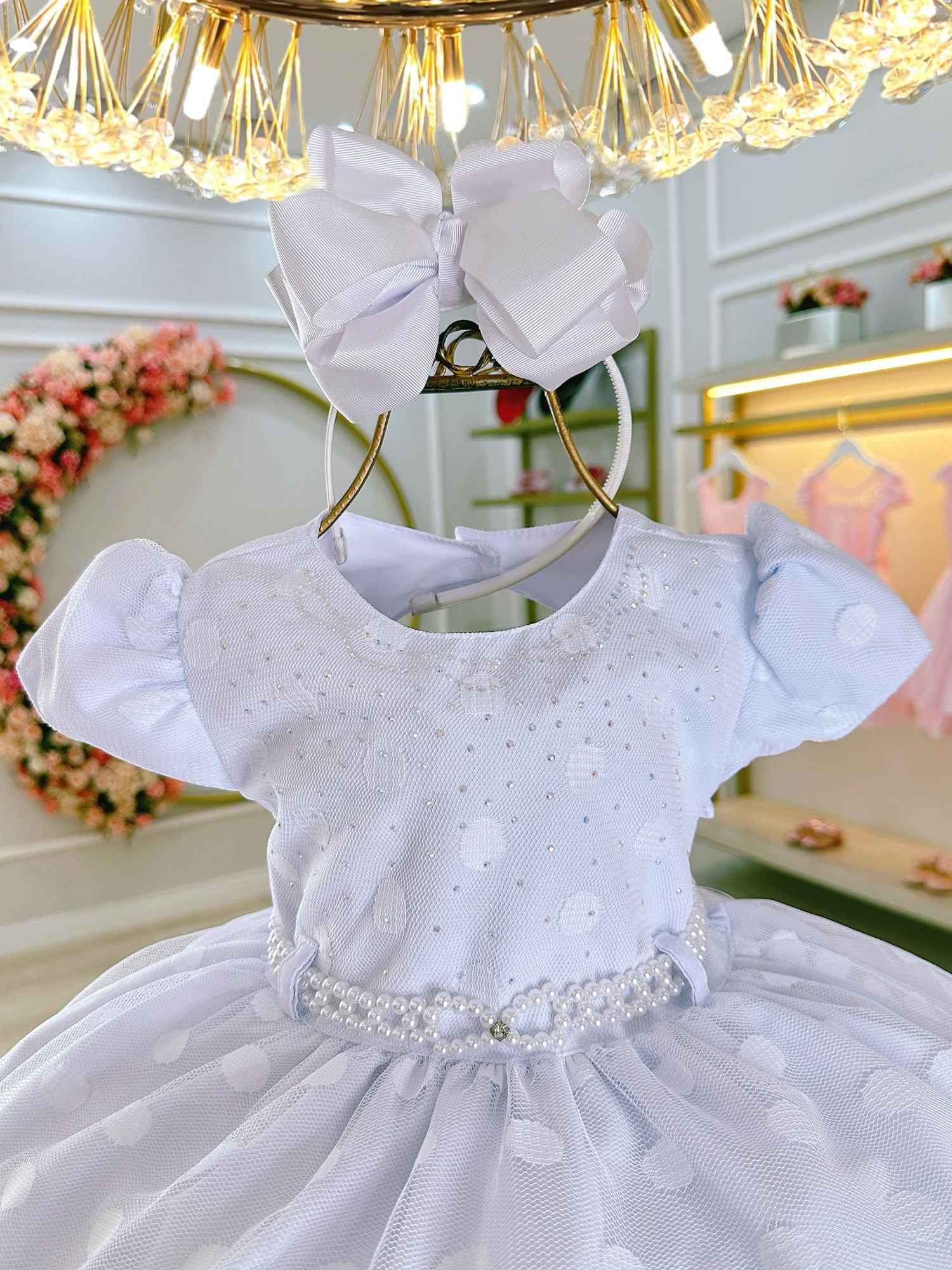 Vestido Infantil Branco Com Strass e Pérolas para Festas