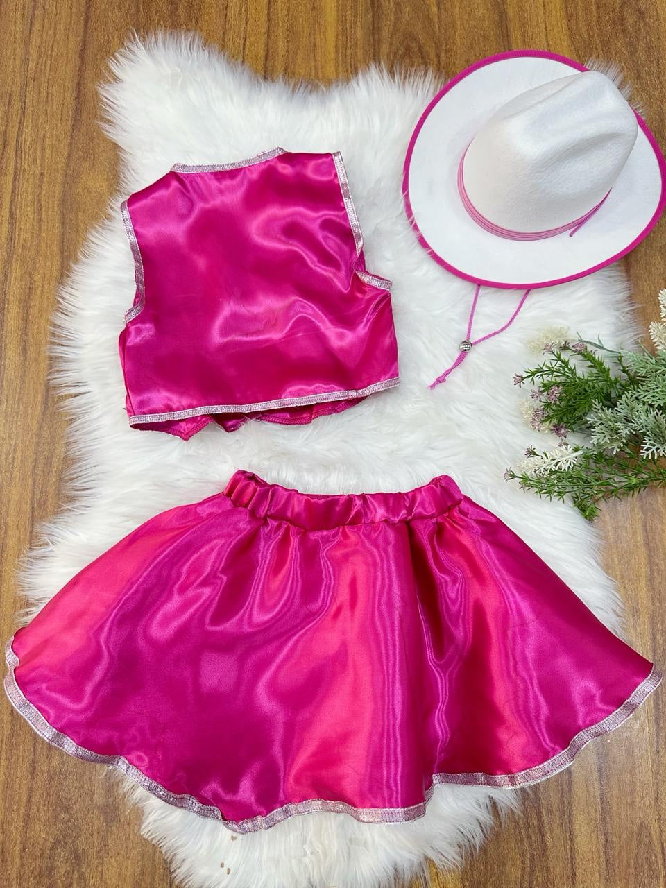 Conjunto Infantil Saia Godê e Colete em Cetim Brilhante para Festa Country