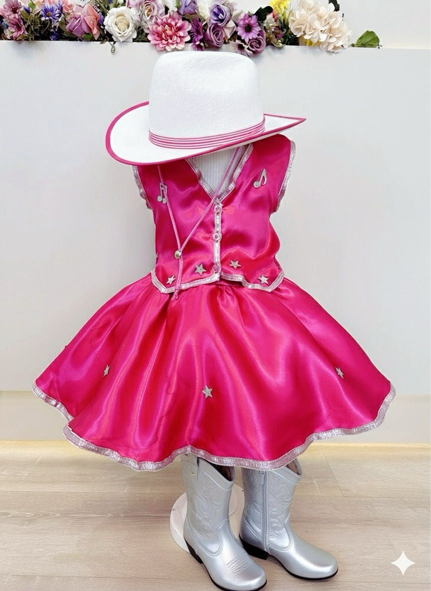 Conjunto Infantil Saia Godê e Colete em Cetim Brilhante para Festa Country