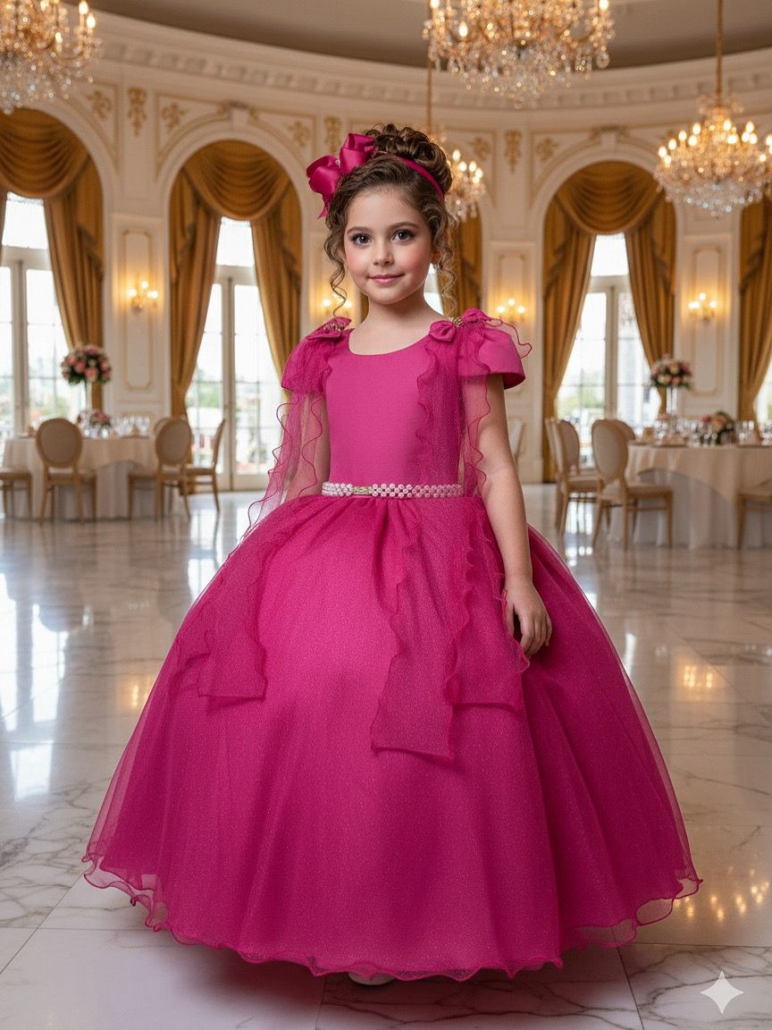 Vestido Longo Pink com Laço e Tule para Festas Infantis