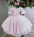 Vestido Infantil Branco em Lese com Tule e Cinto de Pérolas