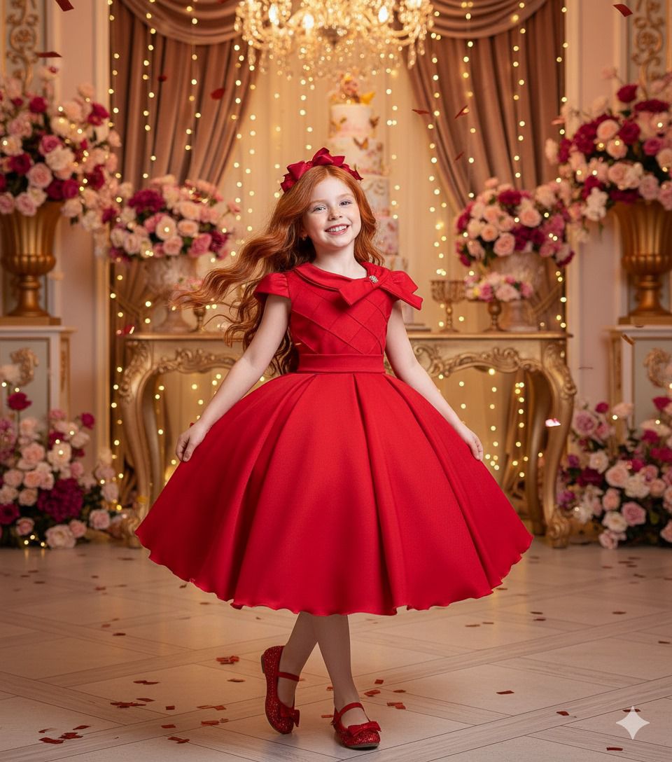 Vestido Vermelho de Alfaiataria para Crianças com Laço e Strass