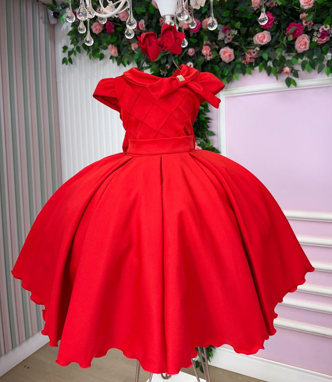 Vestido Vermelho de Alfaiataria para Crianças com Laço e Strass