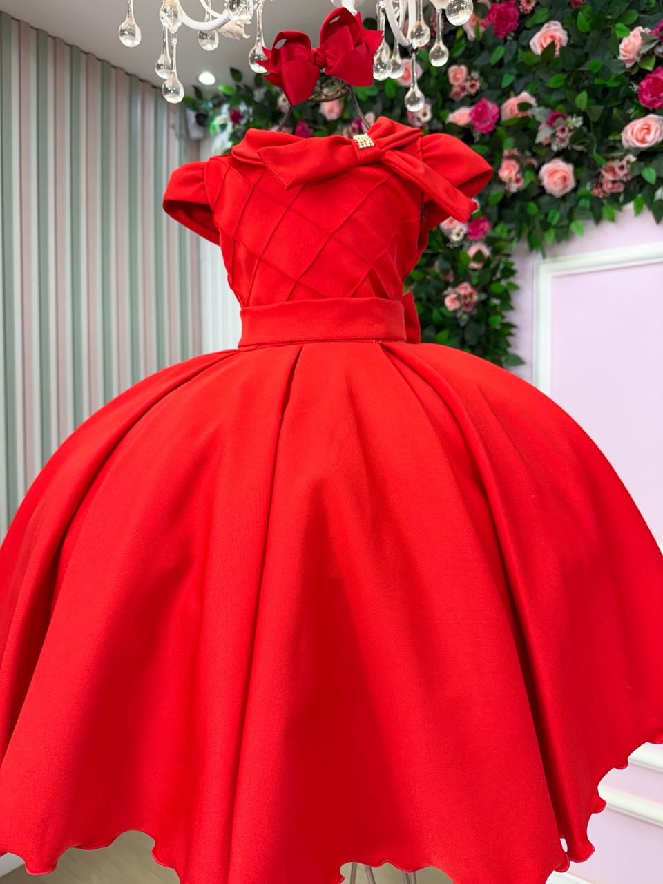 Vestido Vermelho de Alfaiataria para Crianças com Laço e Strass