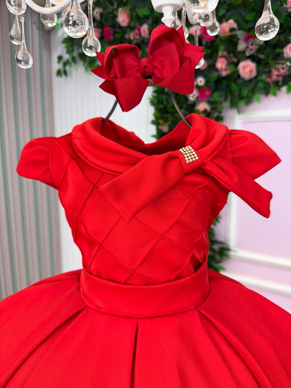 Vestido Vermelho de Alfaiataria para Crianças com Laço e Strass