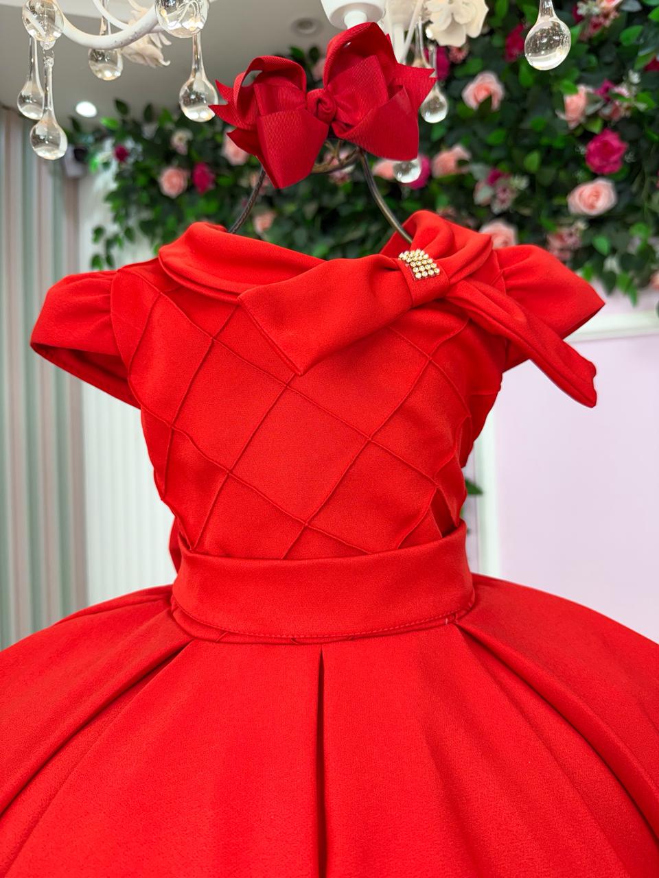 Vestido Vermelho de Alfaiataria para Crianças com Laço e Strass