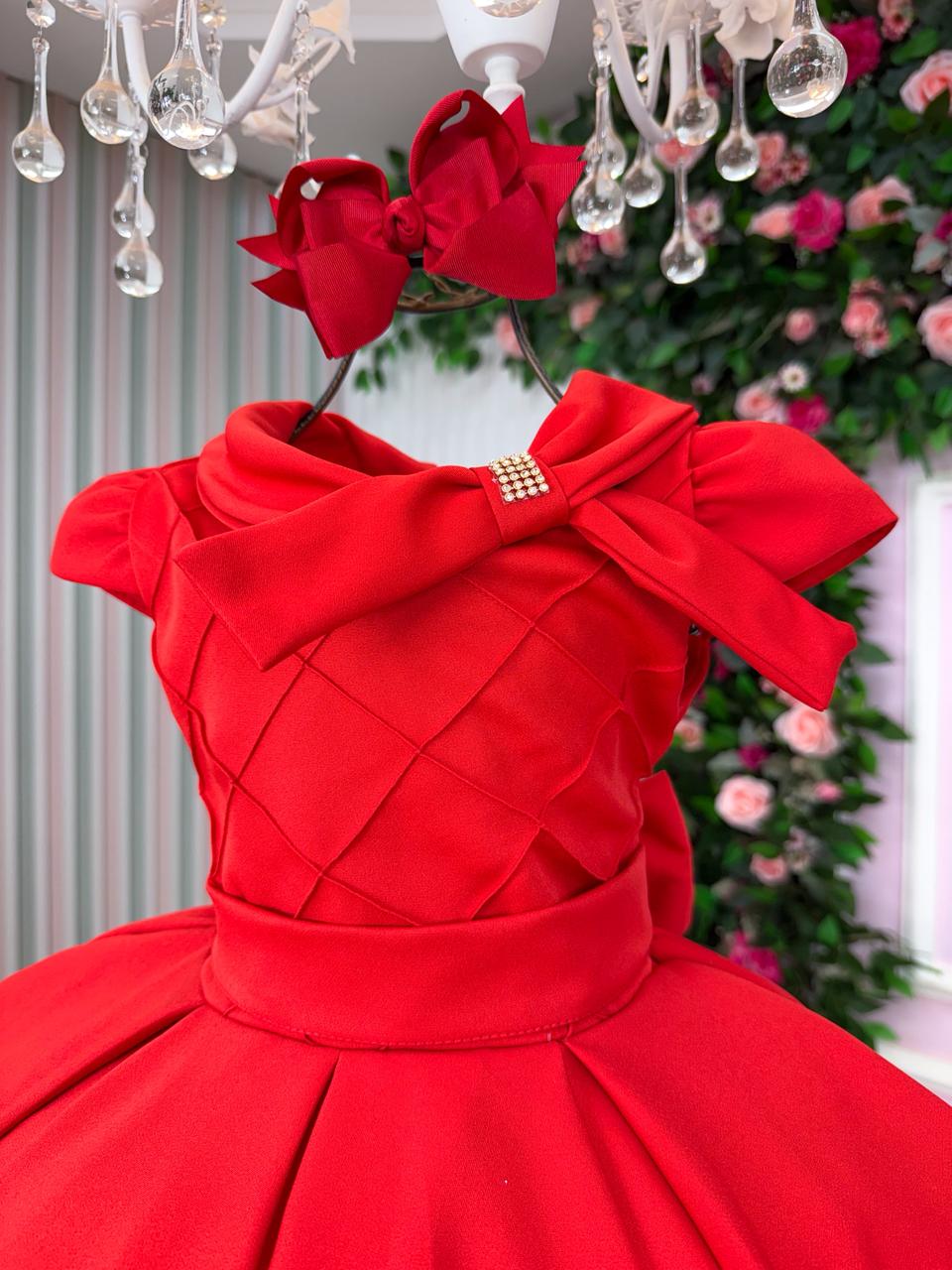 Vestido Vermelho de Alfaiataria para Crianças com Laço e Strass