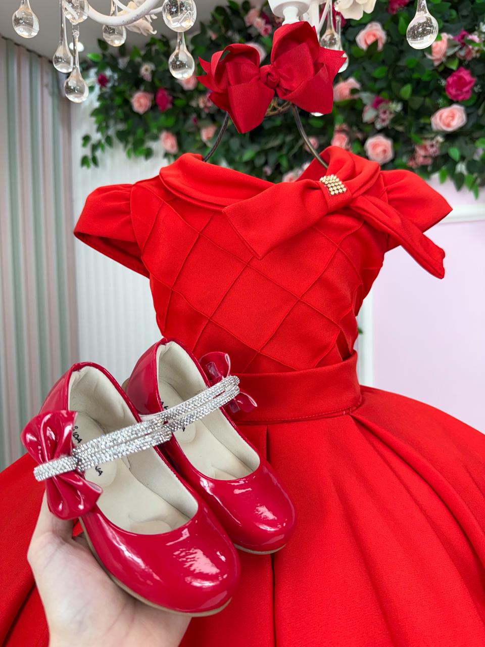 Vestido Vermelho de Alfaiataria para Crianças com Laço e Strass