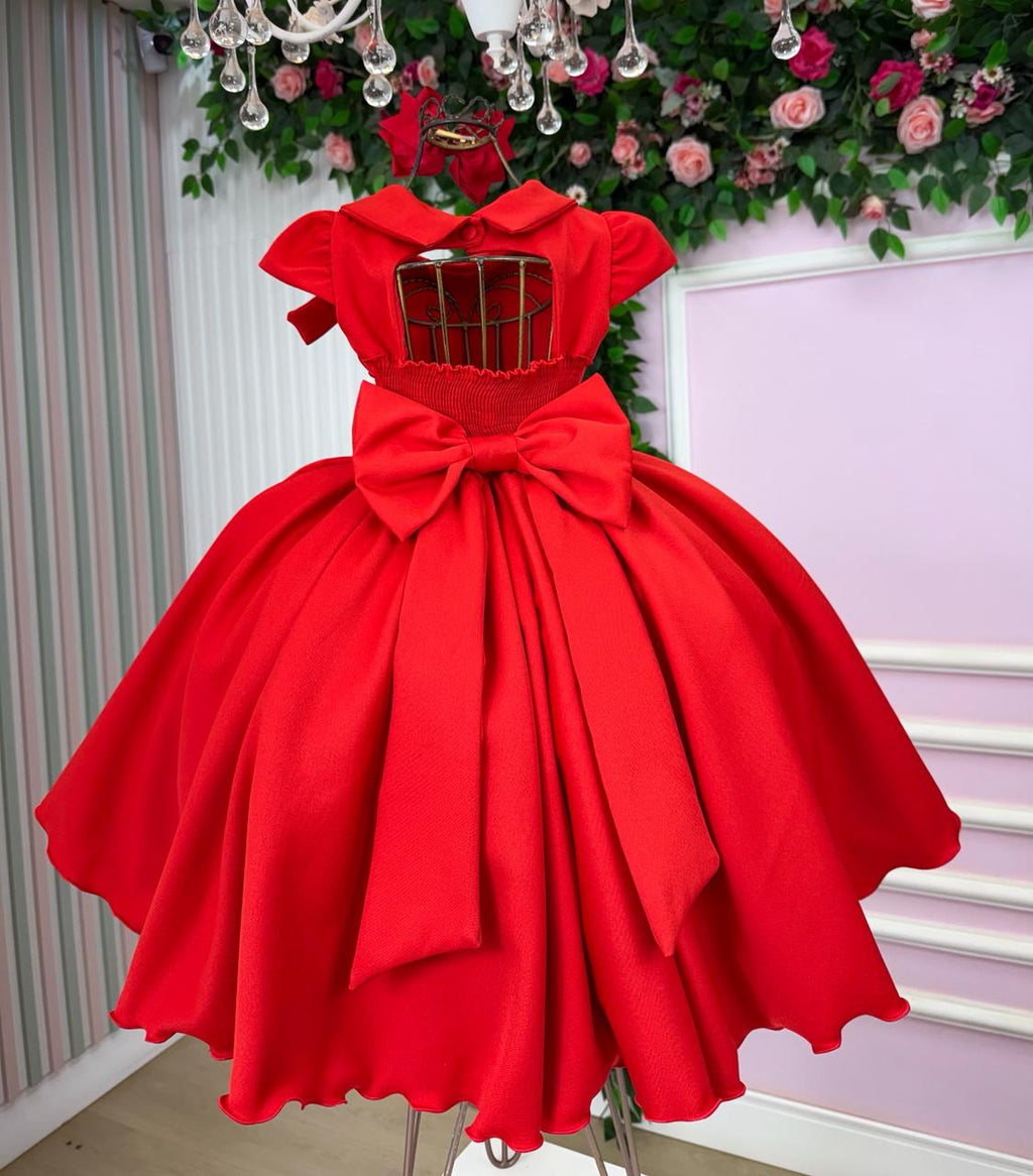 Vestido Vermelho de Alfaiataria para Crianças com Laço e Strass