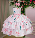 Vestido Floral Colorido com Lastex e Laço Rosa