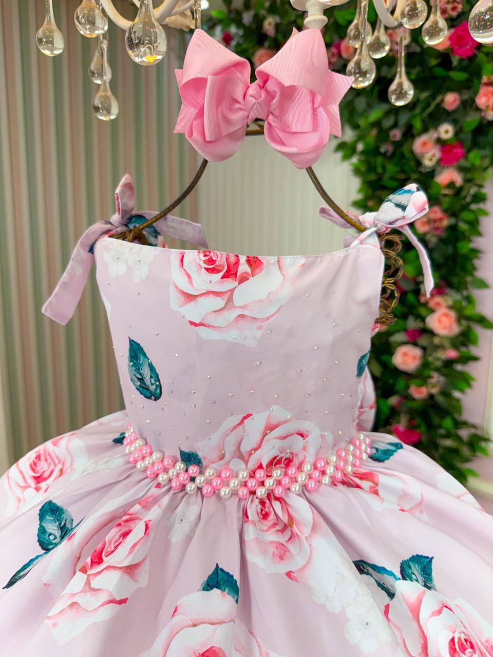 Vestido Floral Colorido com Lastex e Laço Rosa