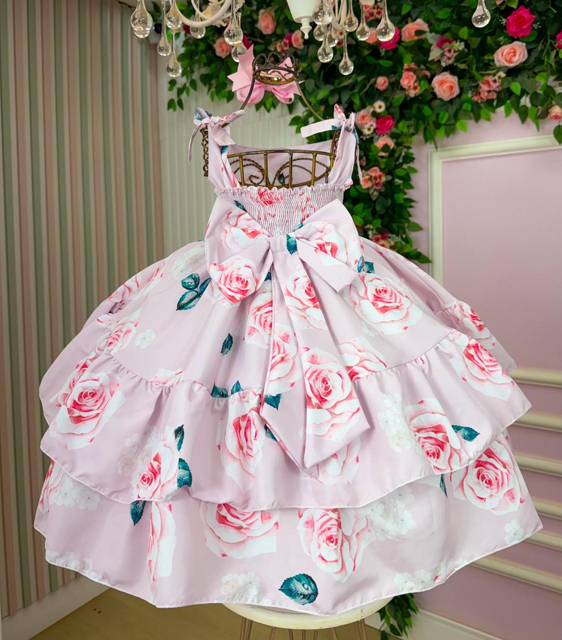 Vestido Floral Colorido com Lastex e Laço Rosa