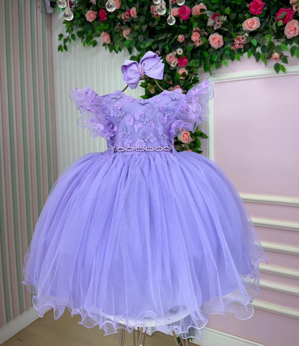 Vestido Lilás Infantil em Tecido Tafeta com Laço