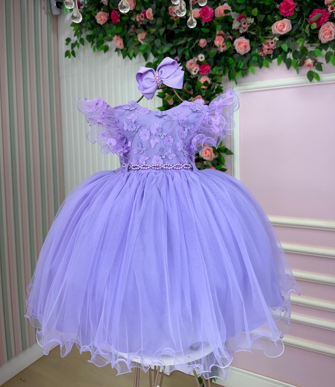 Vestido Lilás Infantil em Tecido Tafeta com Laço