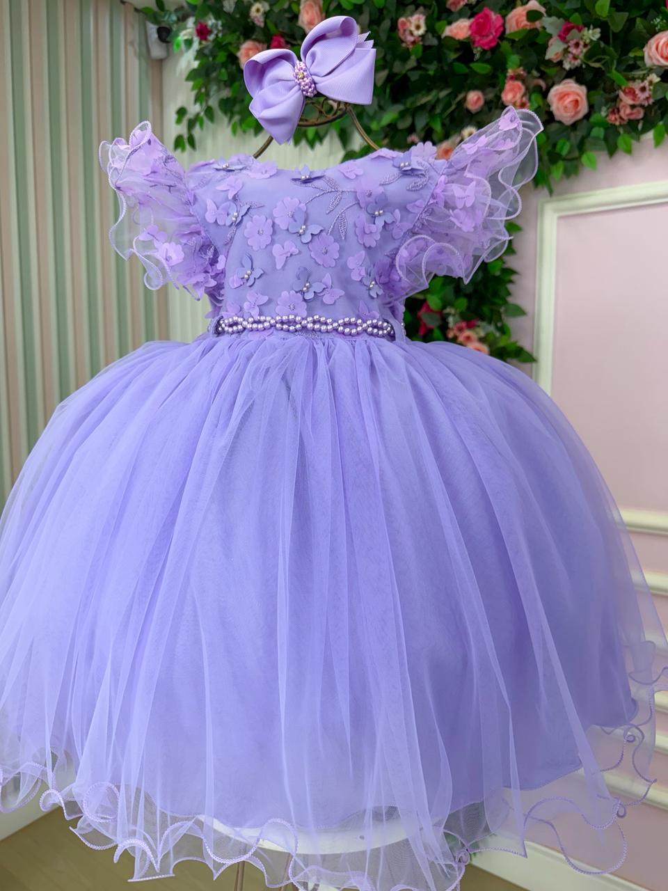 Vestido Lilás Infantil em Tecido Tafeta com Laço