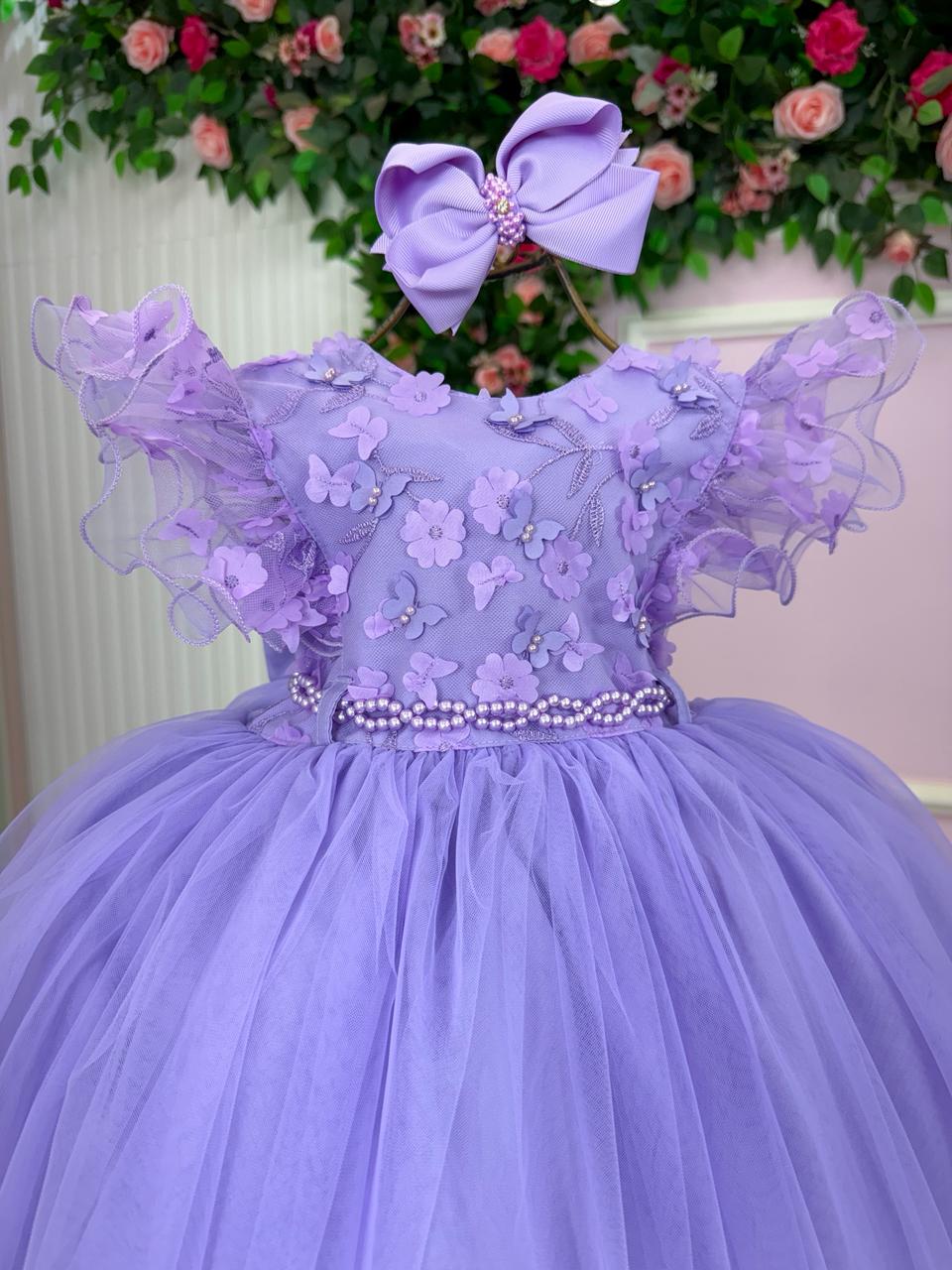 Vestido Lilás Infantil em Tecido Tafeta com Laço