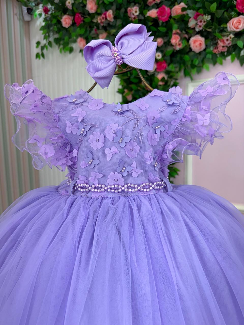 Vestido Lilás Infantil em Tecido Tafeta com Laço