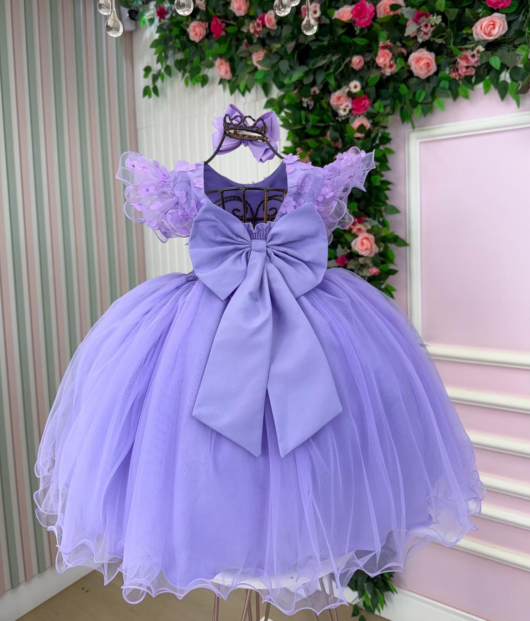 Vestido Lilás Infantil em Tecido Tafeta com Laço