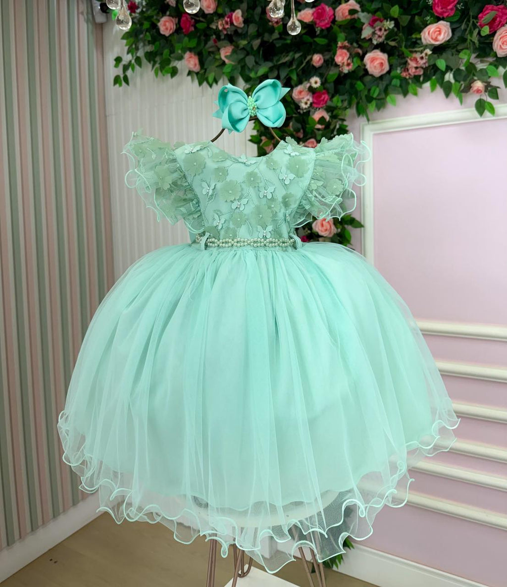 Vestido Verde Menta Infantil em Tecido Misto com Laço nas Costas
