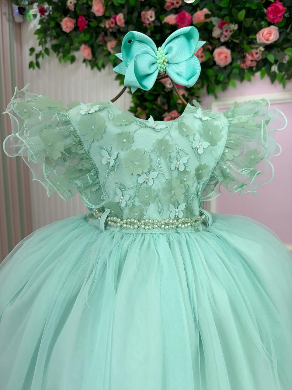 Vestido Verde Menta Infantil em Tecido Misto com Laço nas Costas