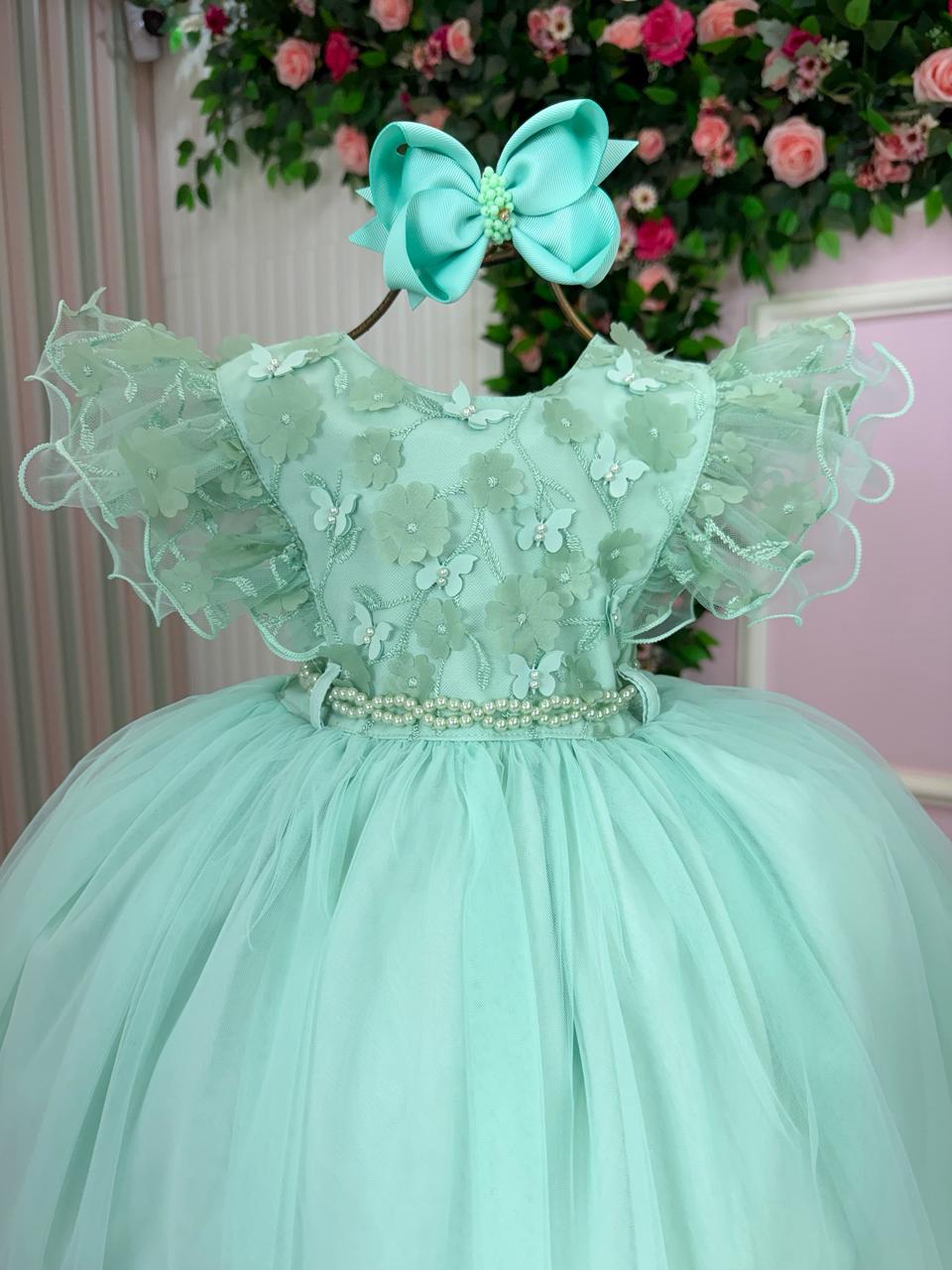 Vestido Verde Menta Infantil em Tecido Misto com Laço nas Costas