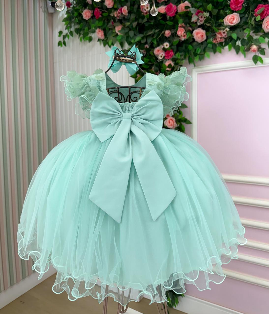 Vestido Verde Menta Infantil em Tecido Misto com Laço nas Costas