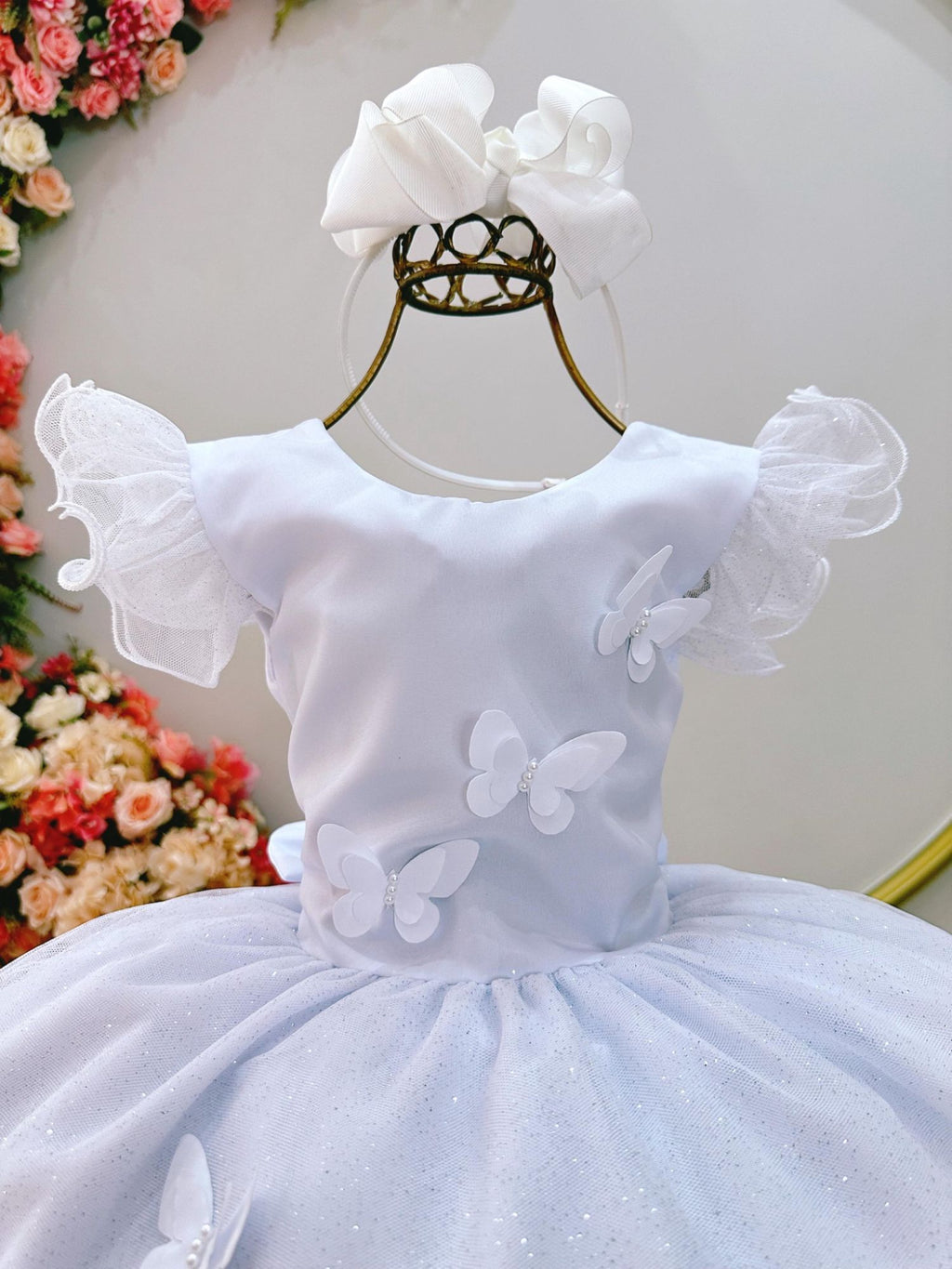 Vestido Infantil Branco com Estampa de Borboletas para Festas
