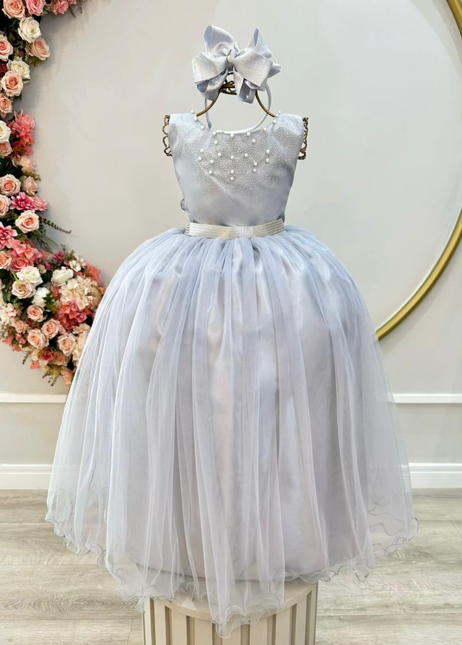 Vestido Longo Infantil Prata com Pérolas para Damas de Honra
