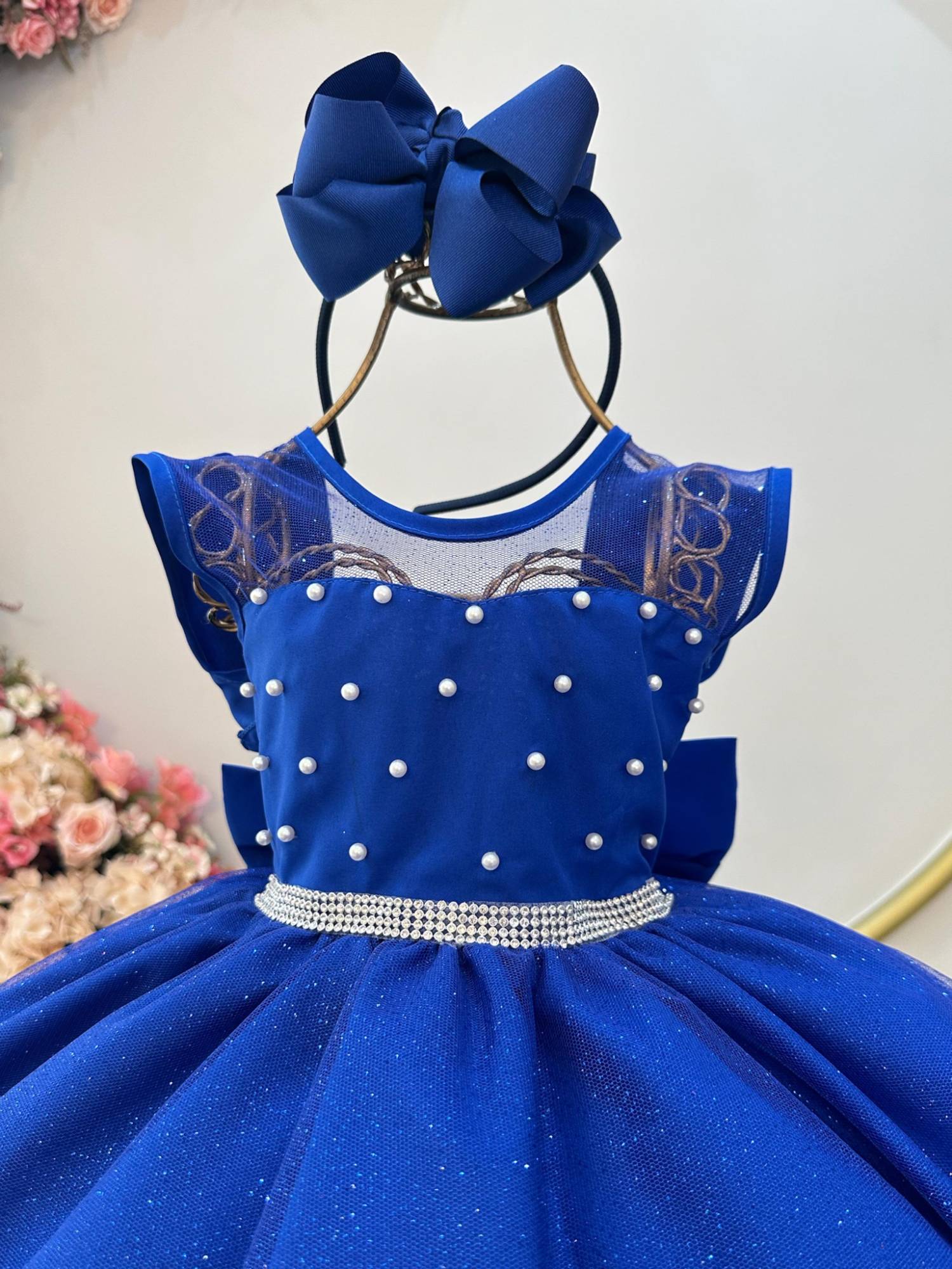 Vestido Infantil Azul Royal Pérolas Saia C/ Glitter Daminhas