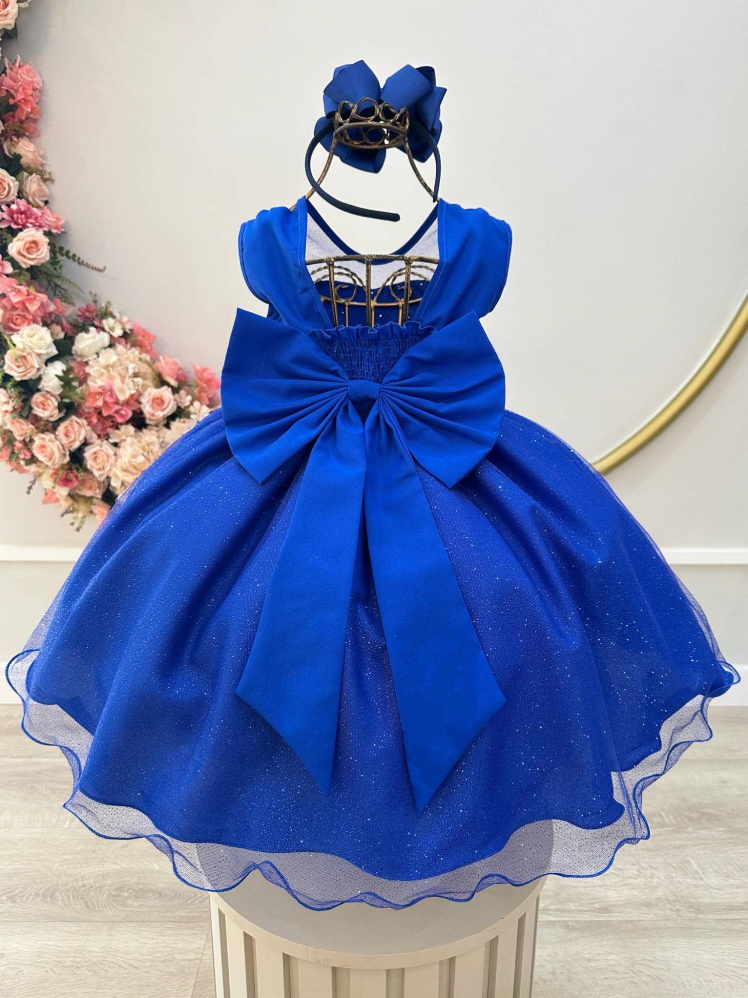 Vestido Infantil Azul Royal Pérolas Saia C/ Glitter Daminhas