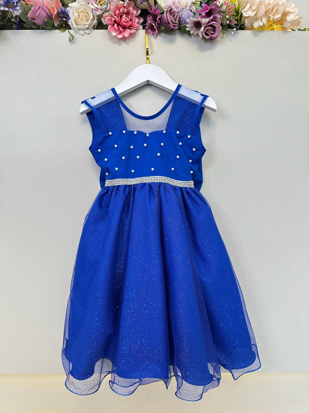 Vestido Infantil Azul Royal Pérolas Saia C/ Glitter Daminhas