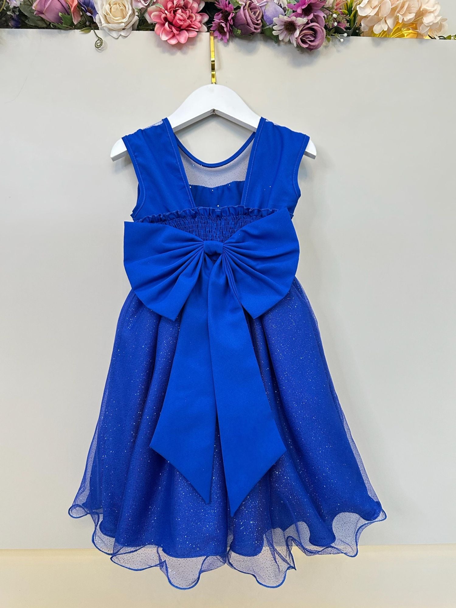 Vestido Infantil Azul Royal Pérolas Saia C/ Glitter Daminhas