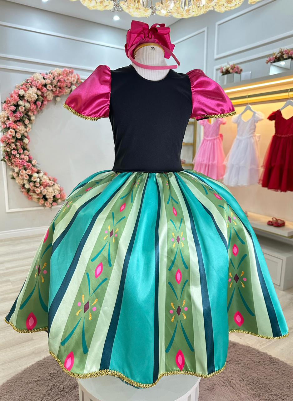 Vestido Infantil Princesa Anna Frozen em Cetim Estampado para Festas