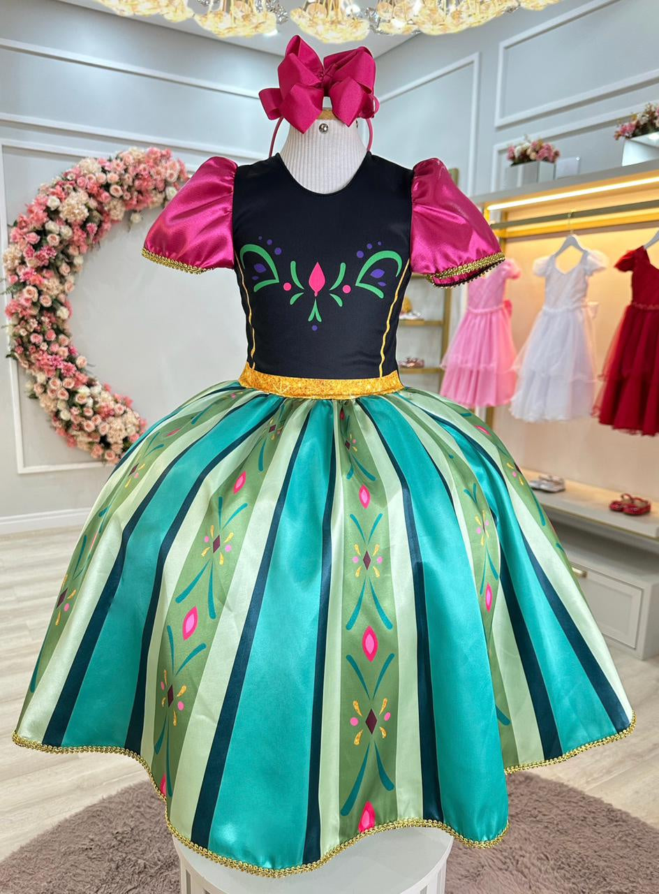 Vestido Infantil Princesa Anna Frozen em Cetim Estampado para Festas