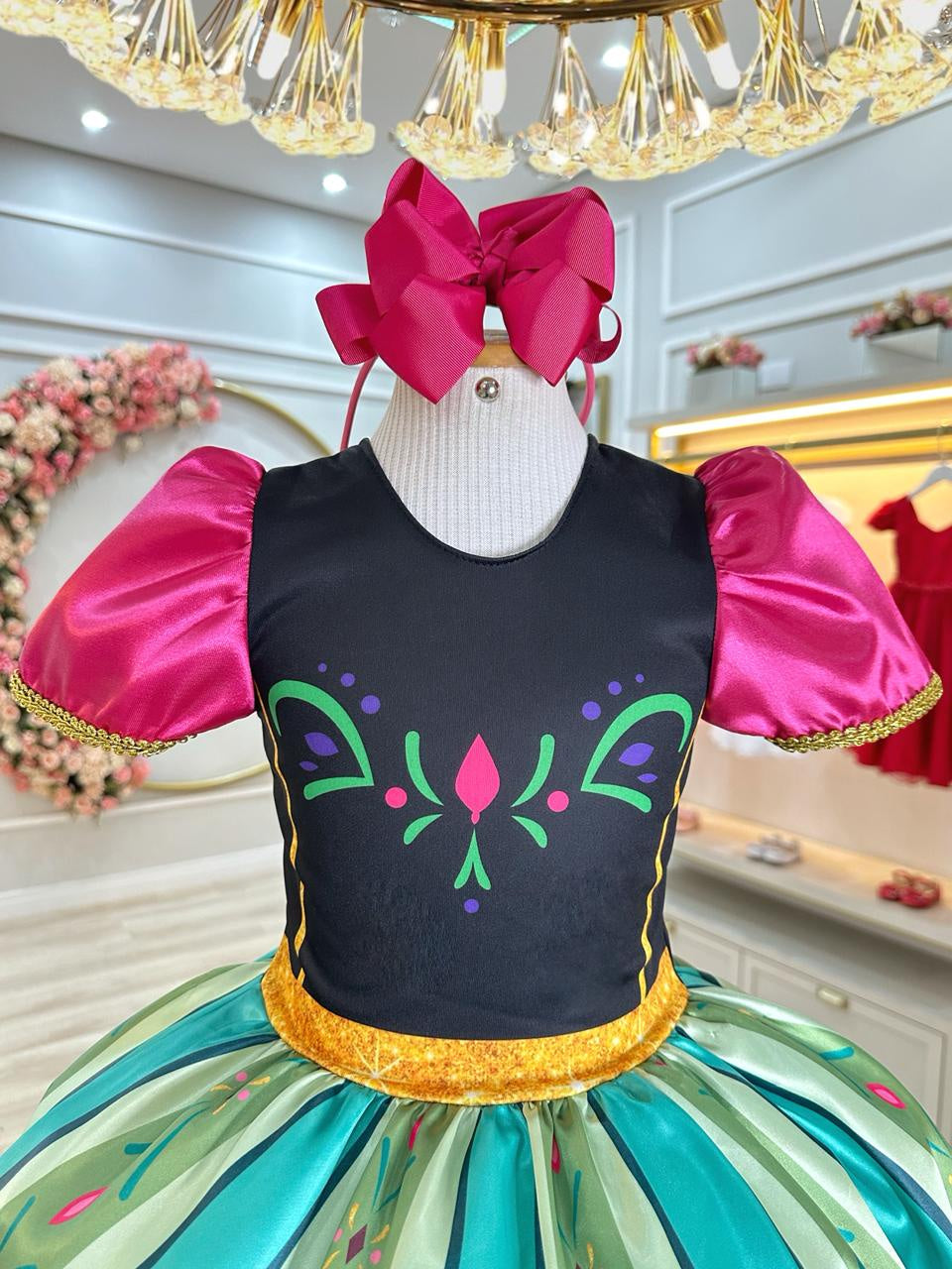 Vestido Infantil Princesa Anna Frozen em Cetim Estampado para Festas