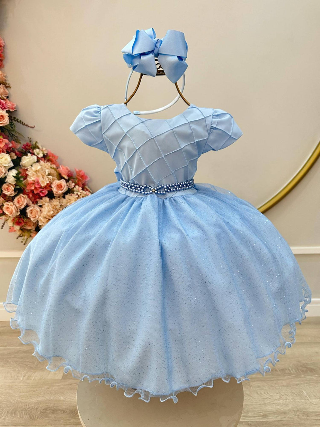 Vestido Infantil Azul Claro com Busto Nervura para Festas e Daminhas