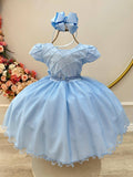 Vestido Infantil Azul Claro com Busto Nervura para Festas e Daminhas