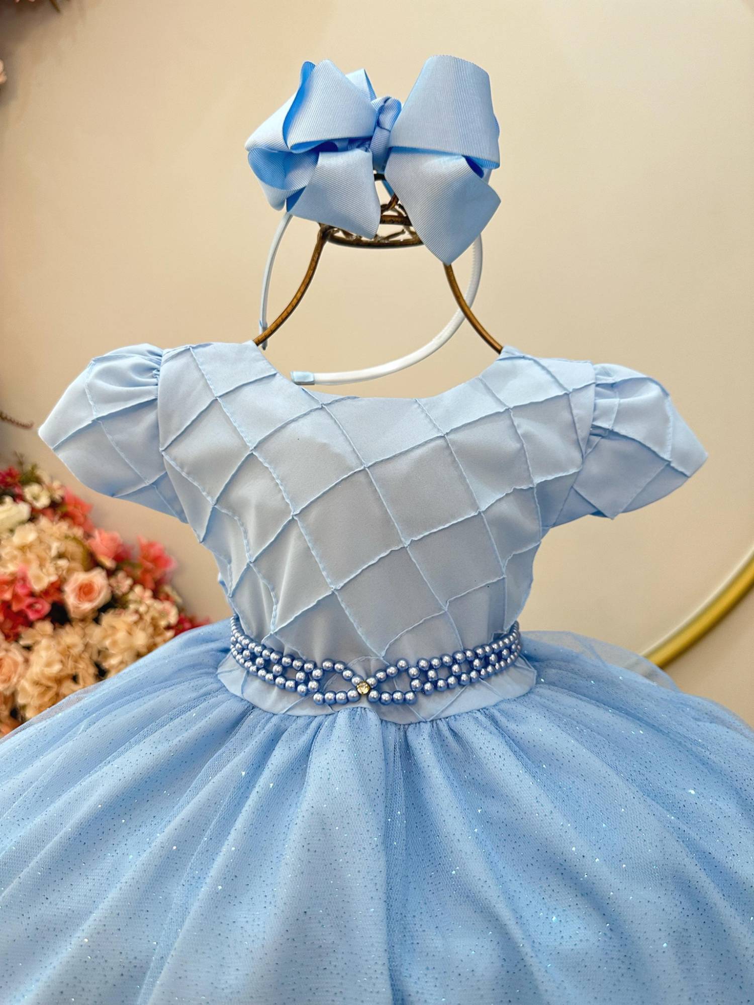 Vestido Infantil Azul Claro com Busto Nervura para Festas e Daminhas