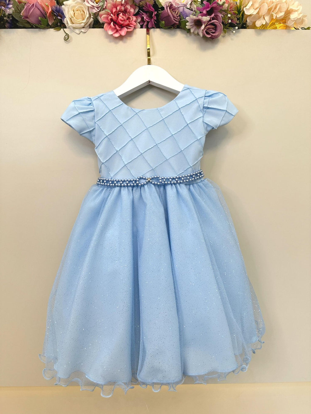 Vestido Infantil Azul Claro com Busto Nervura para Festas e Daminhas